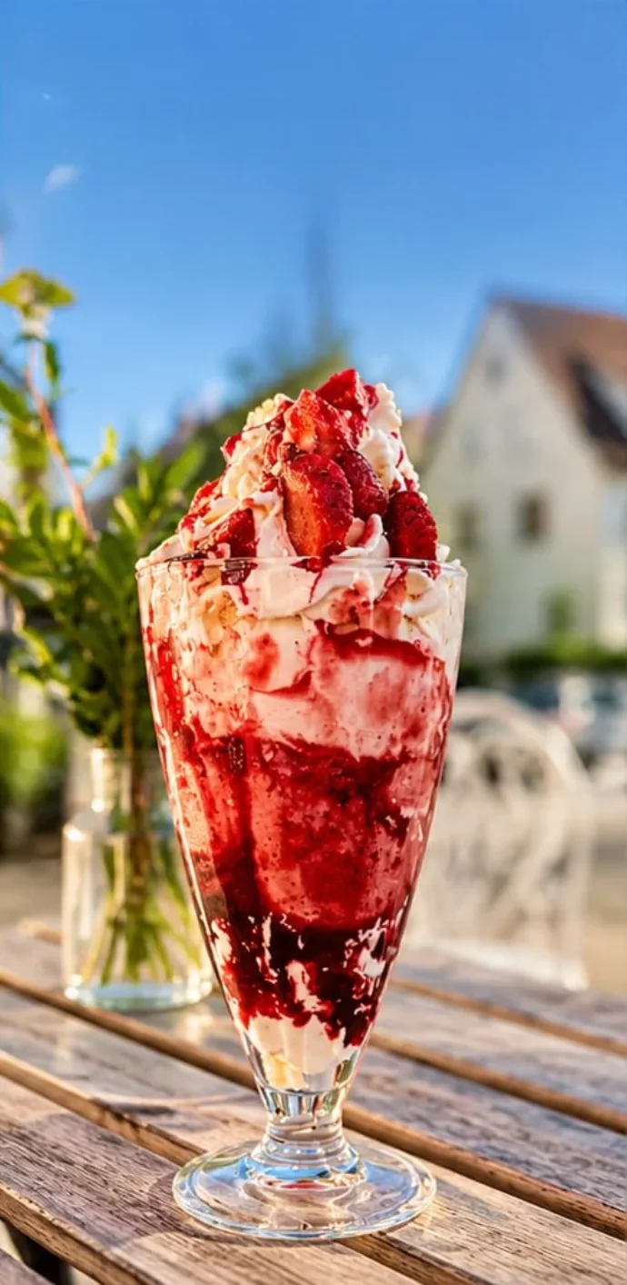 Eisbecher mit Erdbeersoße und Sahne auf einem Holztisch