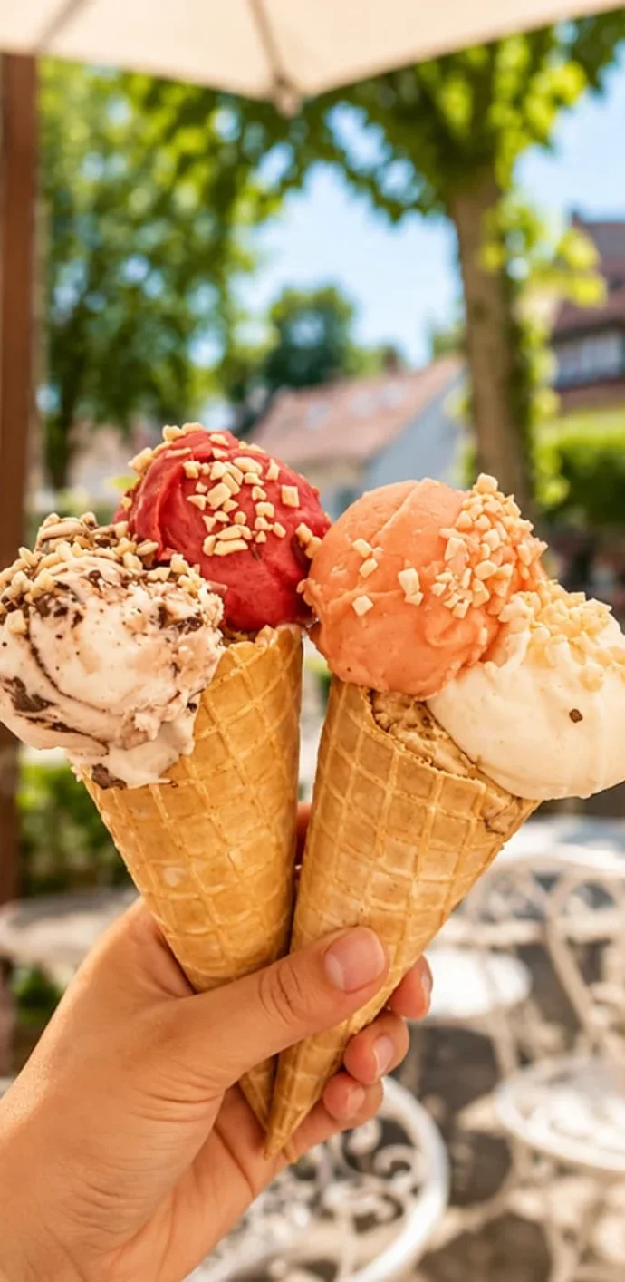 Zwei Eishörnchen mit Fruchtsorbet und Milcheis im Sonnenlicht